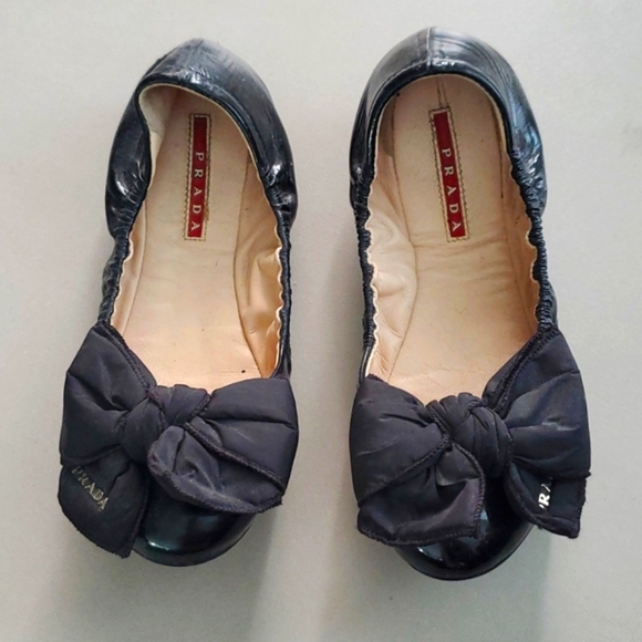 Prada Black Bow Flat Ballerina Shoes - Picture 1 of 5